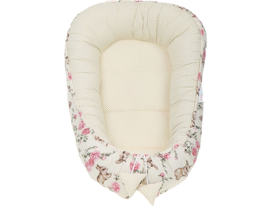 Oboustranné hnízdečko (kokon) pro miminko - BABYMAM PREMIUM set 7v1 - Tajemná zahrada s meruňkovou minky