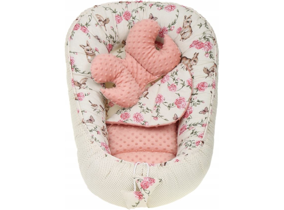 Oboustranné hnízdečko (kokon) pro miminko - BABYMAM PREMIUM set 7v1 - Tajemná zahrada s meruňkovou minky