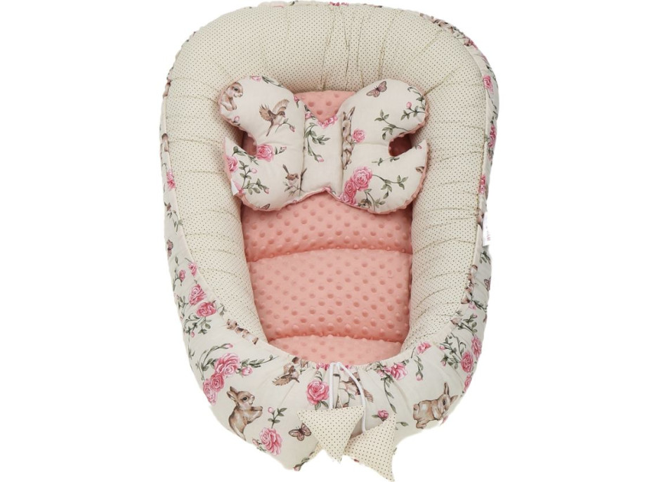 Oboustranné hnízdečko (kokon) pro miminko - BABYMAM PREMIUM set 7v1 - Tajemná zahrada s meruňkovou minky