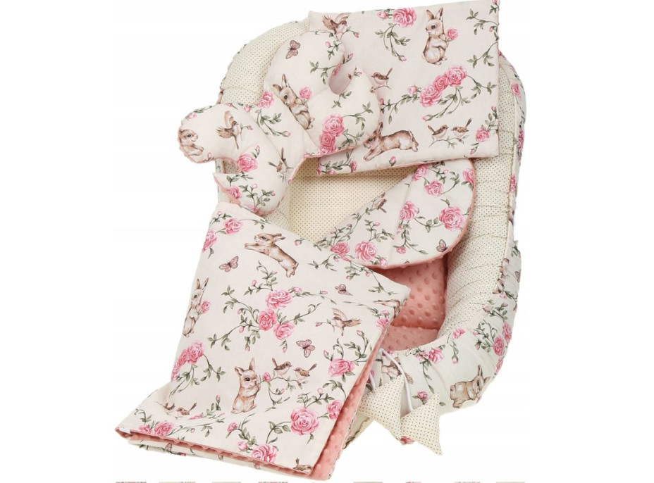 Oboustranné hnízdečko (kokon) pro miminko - BABYMAM PREMIUM set 7v1 - Tajemná zahrada s meruňkovou minky