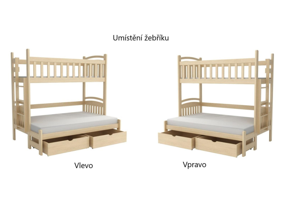 Dětská patrová postel z masivu borovice s rozšířeným spodním lůžkem LUKÁŠ se šuplíky - 200x90/140 cm - PŘÍRODNÍ BOROVICE