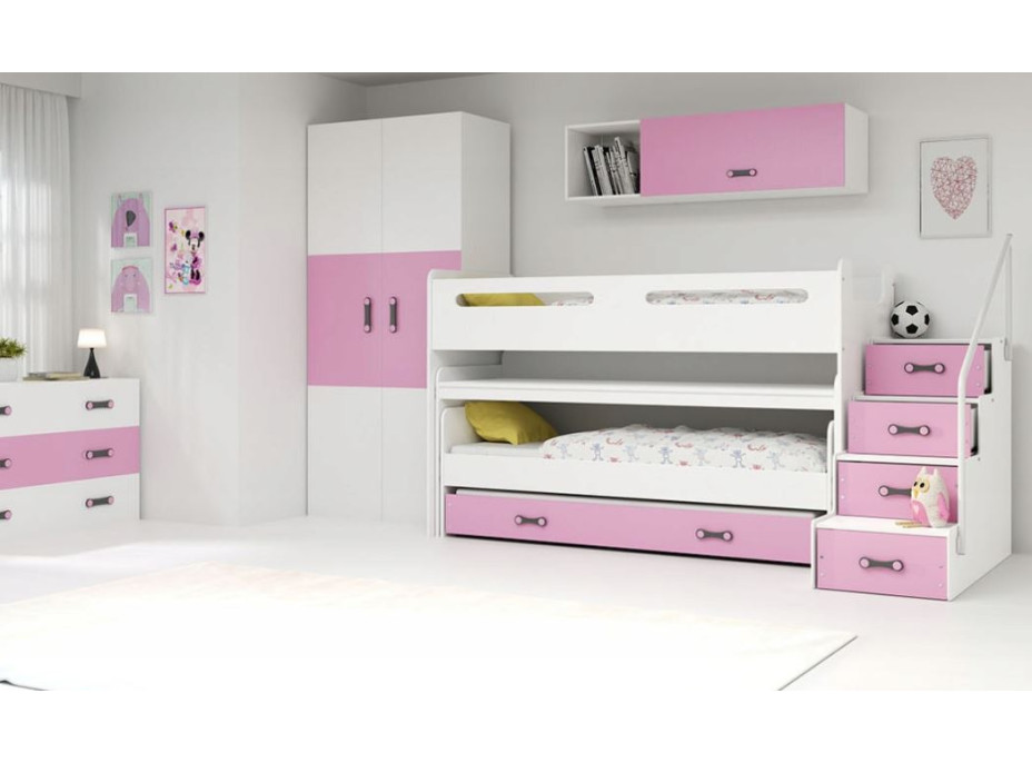 Dětská vyvýšená patrová postel s psacím stolem a přistýlkou MAXÍK 1 200x80 cm - růžová + matrace ZDARMA