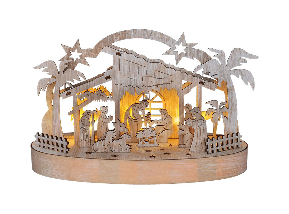Solight vánoční dřevěný betlém podsvícený, 5x LED, přírodní dřevo, 25cm, 2x AA