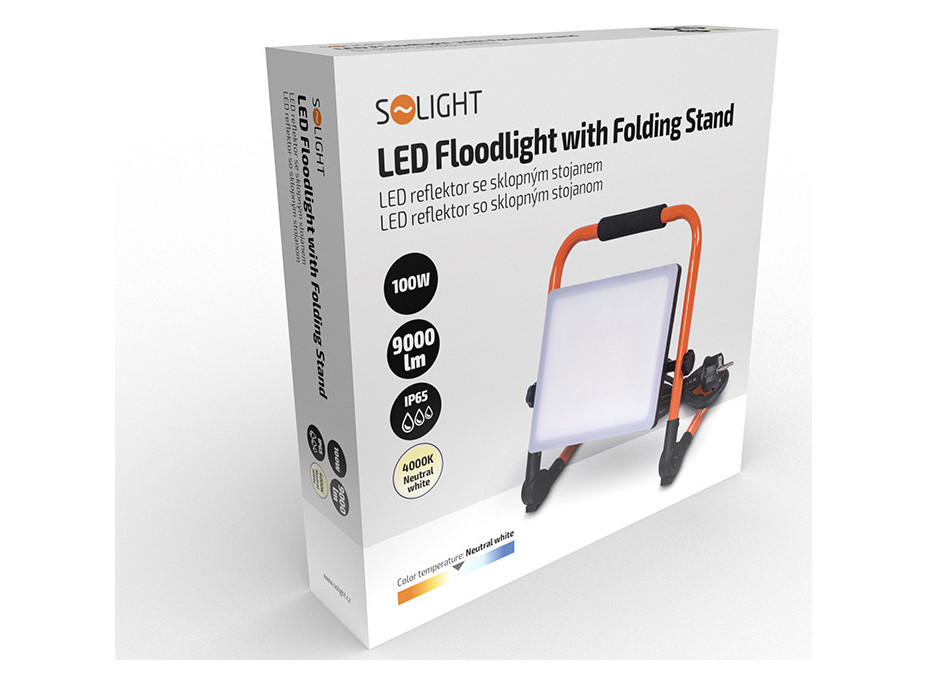 Solight LED reflektor se sklopným stojanem, 100W, 9000lm, 4000K, kabel se zástrčkou, IP65