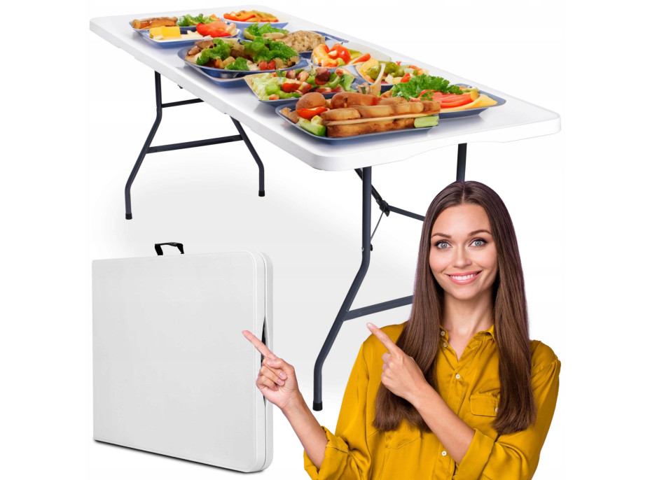 Sestava cateringového nábytku FETA WHITE (stůl 180 cm + 6 židlí BASICO) - bílá/černá