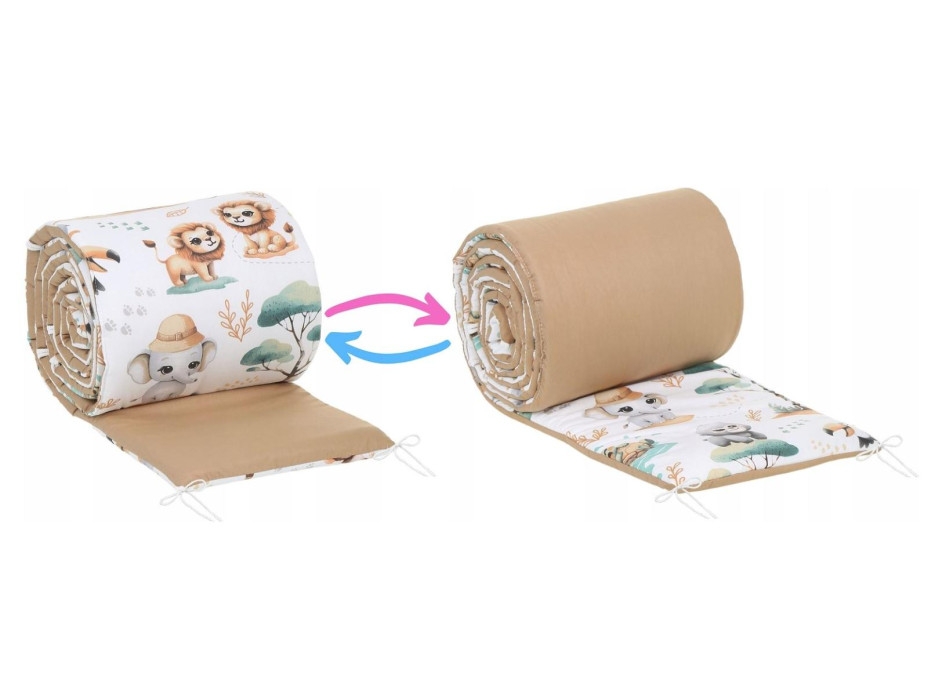 Ochranný mantinel do postýlky 180x30 cm BABYMAM PREMIUM - Dobrodružství v džungli - bílý/skořicový