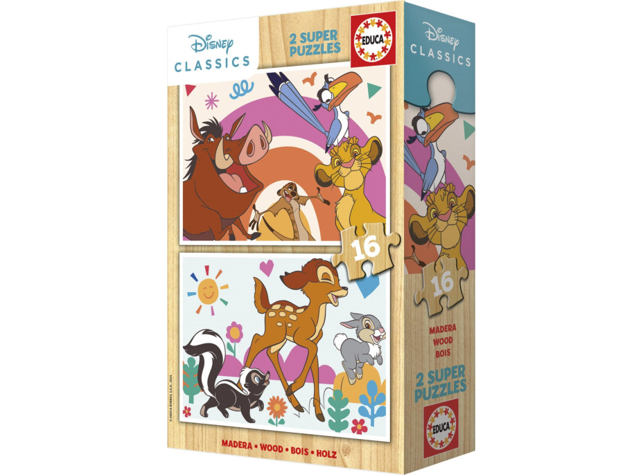 EDUCA Dřevěné puzzle Lví král a Bambi 2x16 dílků