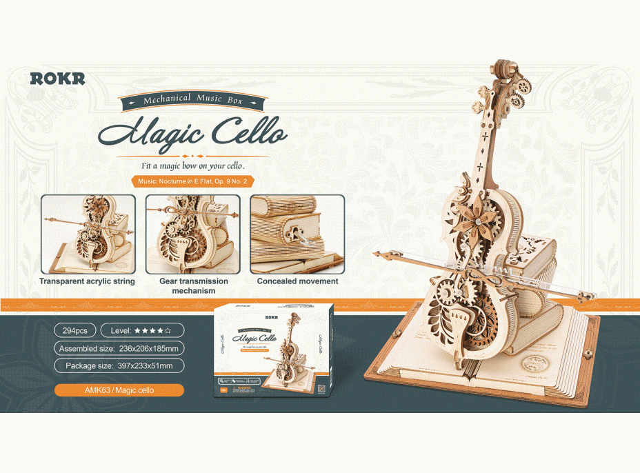 ROBOTIME Rokr 3D dřevěné puzzle Kouzelné violoncello (hrací skříňka) 199 dílků