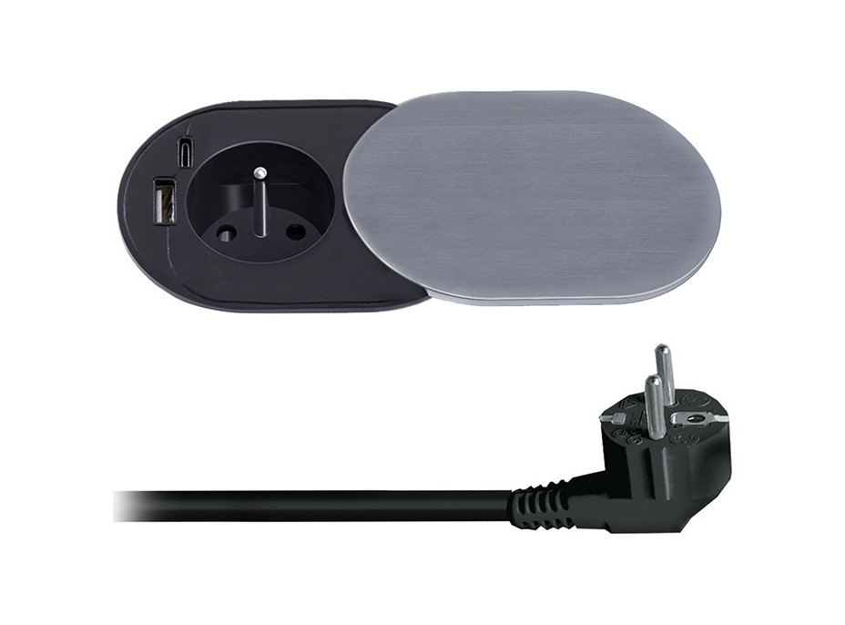 Solight 1z + USB A+C 20W PD vestavná zásuvka s posuvným víčkem, 2m, stříbrná