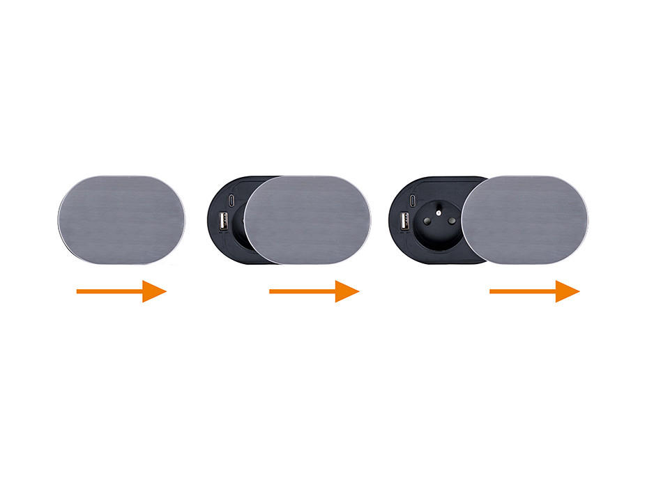 Solight 1z + USB A+C 20W PD vestavná zásuvka s posuvným víčkem, 2m, stříbrná