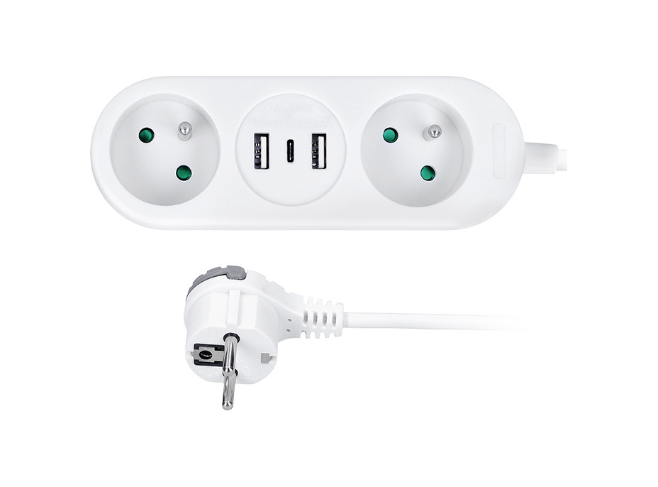 Solight 2z + USB A+C 17W, cestovní prodlužovací přívod 1.5m, bílý