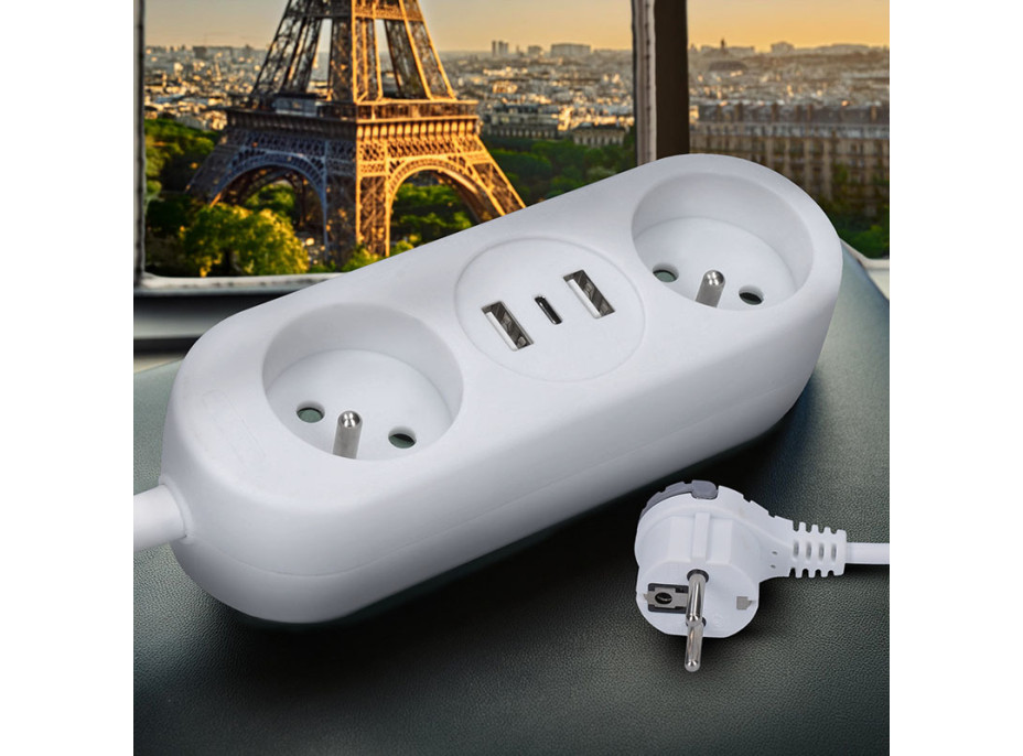 Solight 2z + USB A+C 17W, cestovní prodlužovací přívod 1.5m, bílý