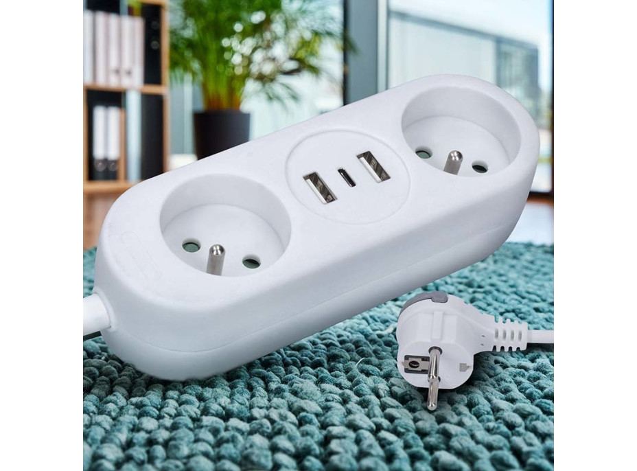 Solight 2z + USB A+C 17W, cestovní prodlužovací přívod 1.5m, bílý