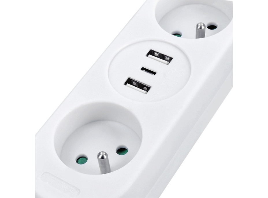 Solight 2z + USB A+C 17W, cestovní prodlužovací přívod 1.5m, bílý