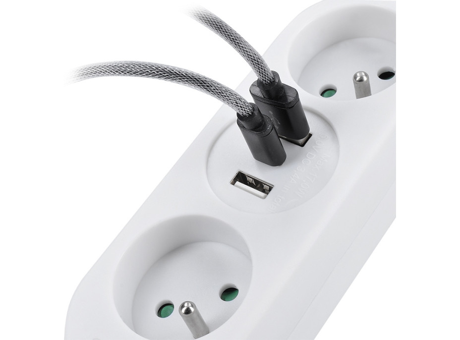 Solight 2z + USB A+C 17W, cestovní prodlužovací přívod 1.5m, bílý