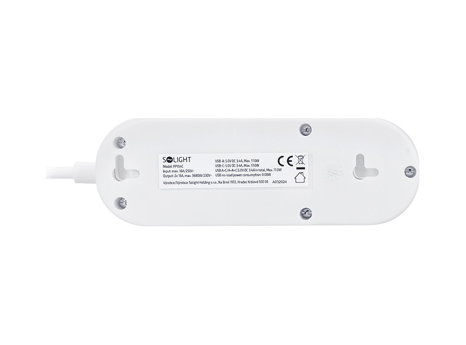 Solight 2z + USB A+C 17W, cestovní prodlužovací přívod 1.5m, bílý