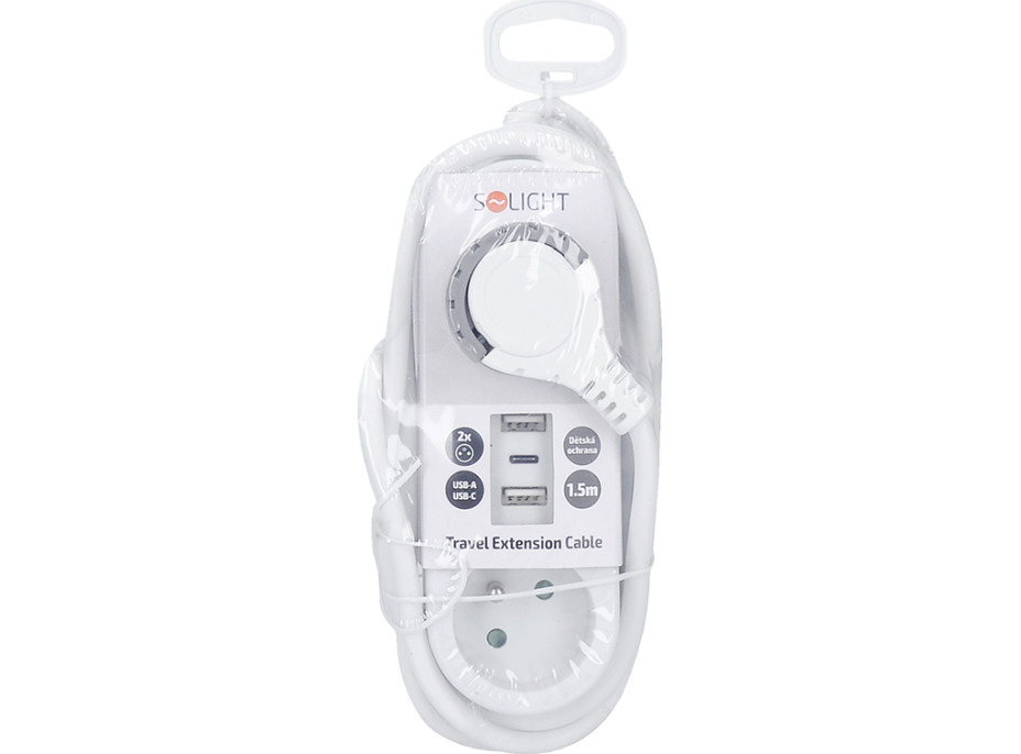 Solight 2z + USB A+C 17W, cestovní prodlužovací přívod 1.5m, bílý