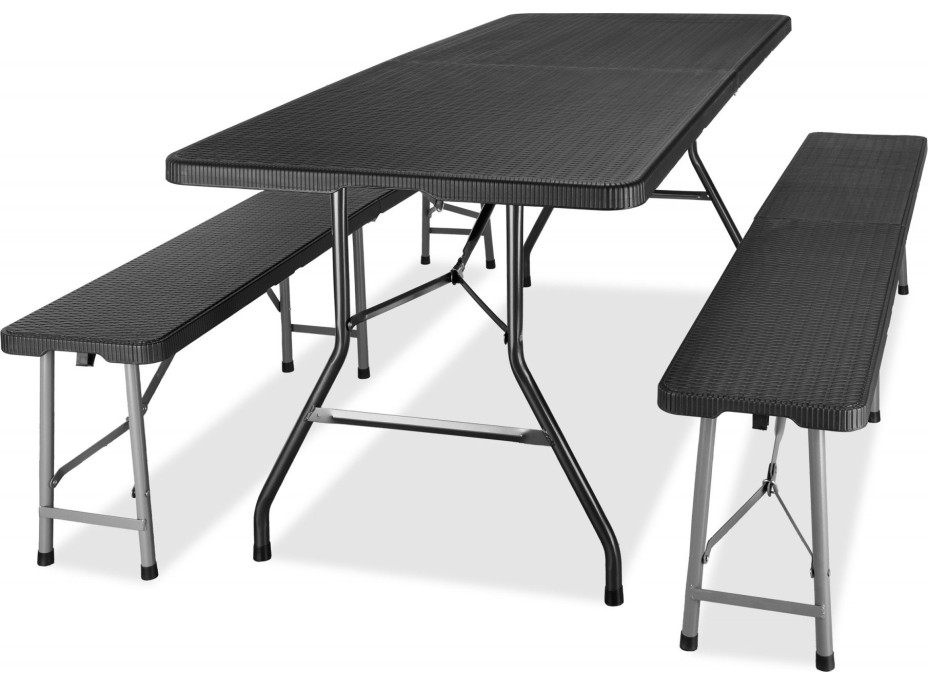Set cateringového nábytku RATTAN - stůl 180 cm + 2 lavice - černý