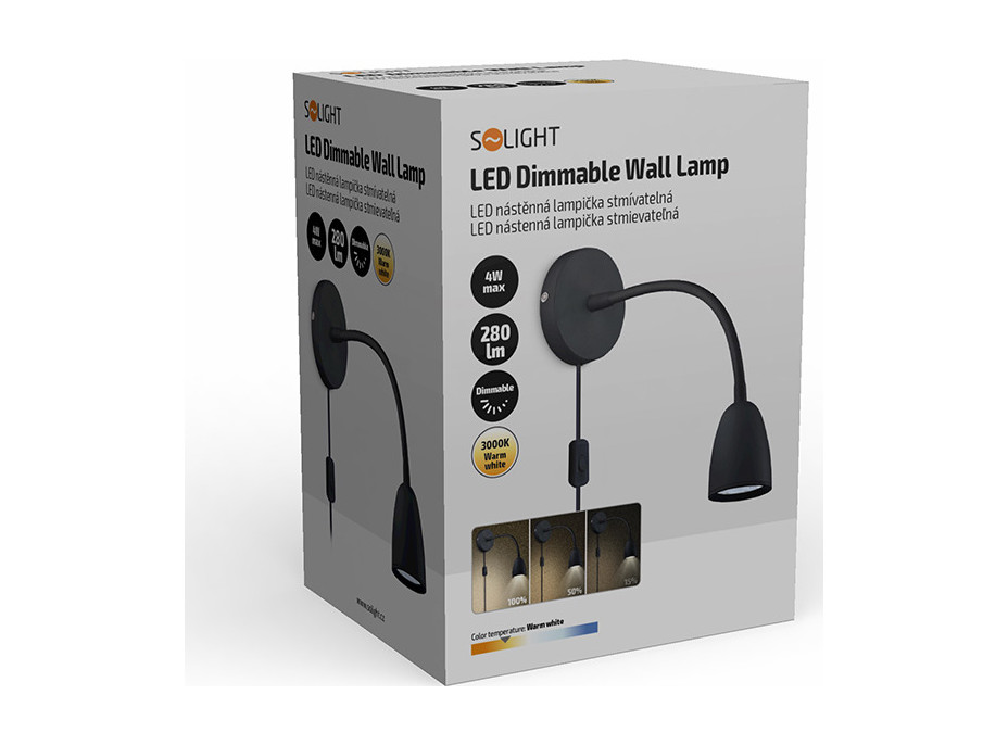 Solight LED nástěnná lampička, stmívatelná, 4W, 280lm, 3000K, černá