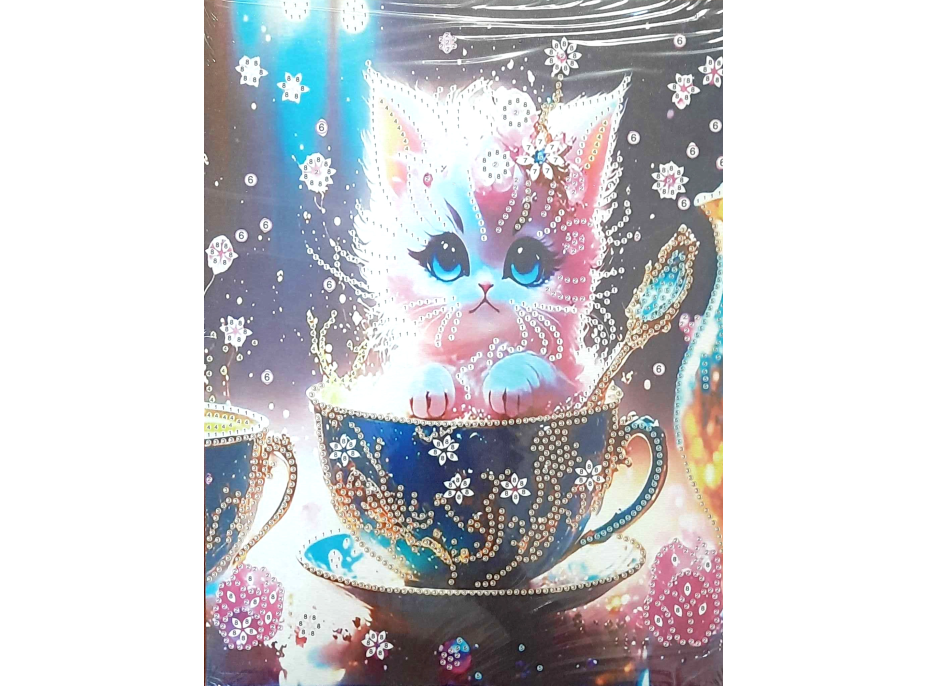 NORIMPEX Diamantové malování na plátně Kotě v čajovém šálku 23x30cm