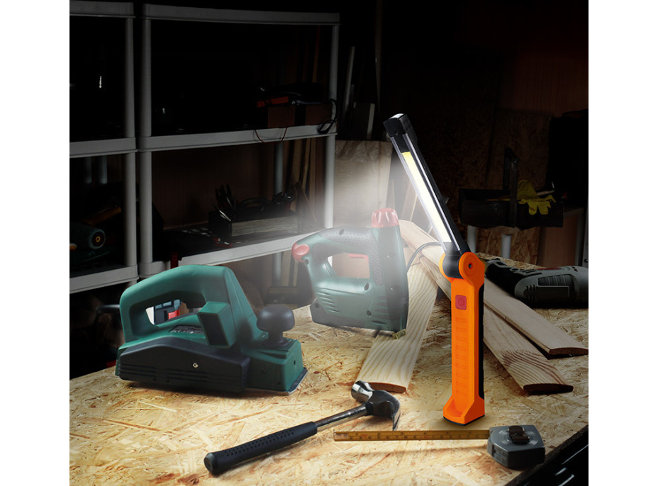 Solight pracovní nabíjecí LED lampa, 500lm + 70lm, COB, Li-Ion, USB, černooranžová