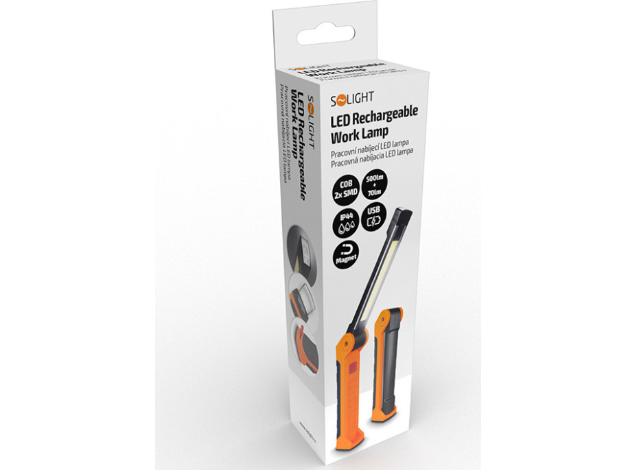 Solight pracovní nabíjecí LED lampa, 500lm + 70lm, COB, Li-Ion, USB, černooranžová