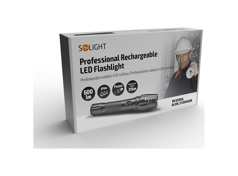 Solight LED nabíjecí profesionální svítilna, 600lm, T6 XML Cree LED, zoom, Li-Ion
