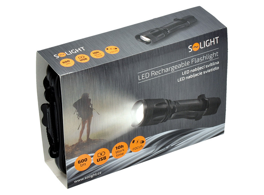 Solight LED nabíjecí svítilna, 600lm, Cree XM-L2 T6, zoom, Li-Ion