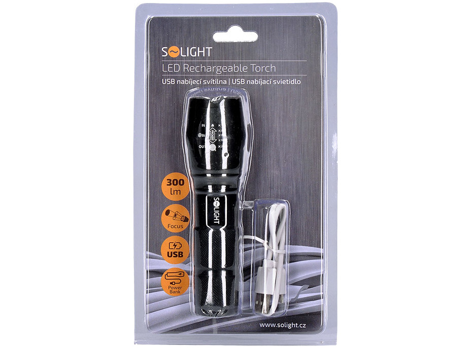 Solight LED nabíjecí svítilna, 300lm, Cree, zoom, power banka, Li-Ion