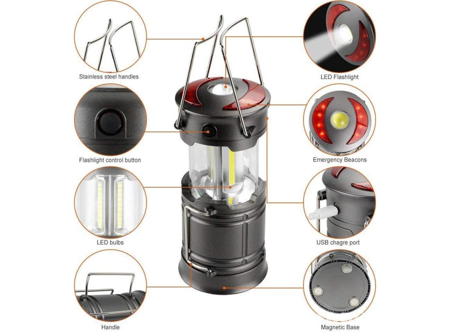 Solight LED nabíjecí kempingové svítidlo s lucernou, 200lm, šedá