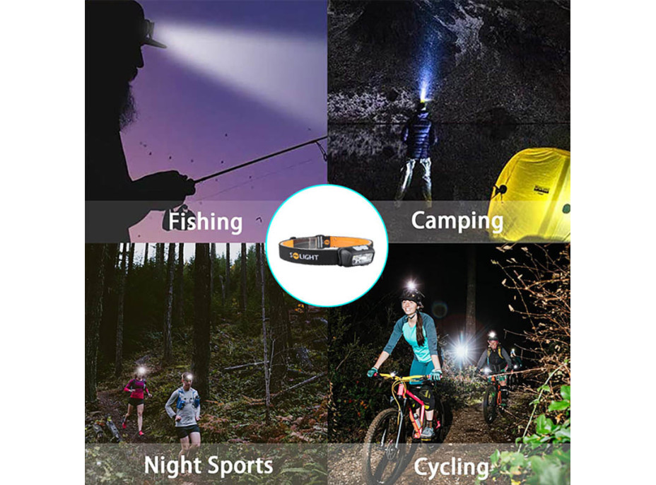 Solight LED čelová nabíjecí svítilna, 150 + 100lm, bílé a červené světlo, Li-Ion