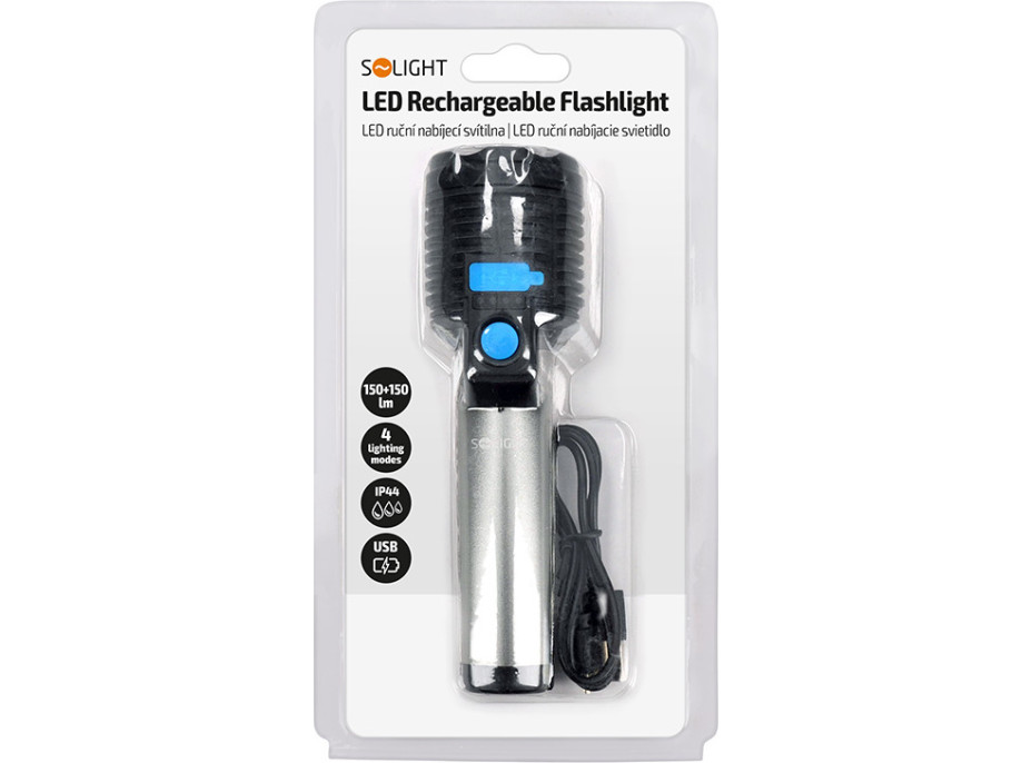 Solight LED nabíjecí ruční svítilna, 150+150lm, Li-Ion