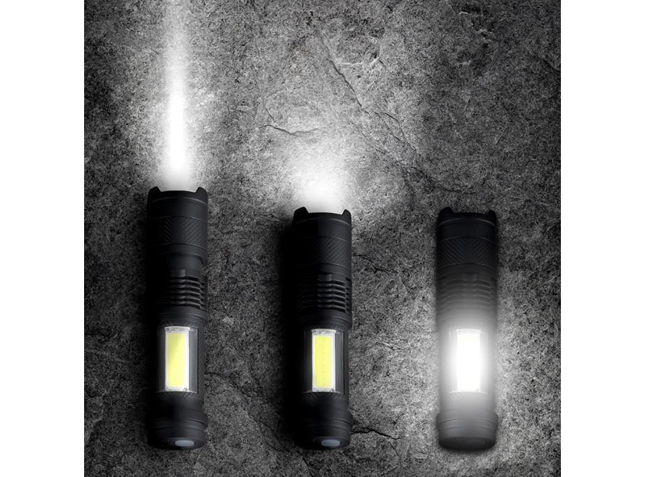 Solight LED nabíjecí kapesní svítilna se zoomem, 100lm + 70lm, Li-Ion, USB, černá