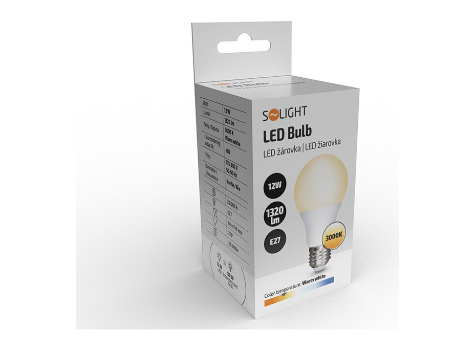 Solight LED žárovka, klasický tvar, 12W, E27, 3000K, 270°, 1320lm