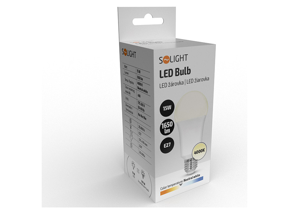 Solight LED žárovka, klasický tvar, 15W, E27, 4000K, 220°, 1650lm