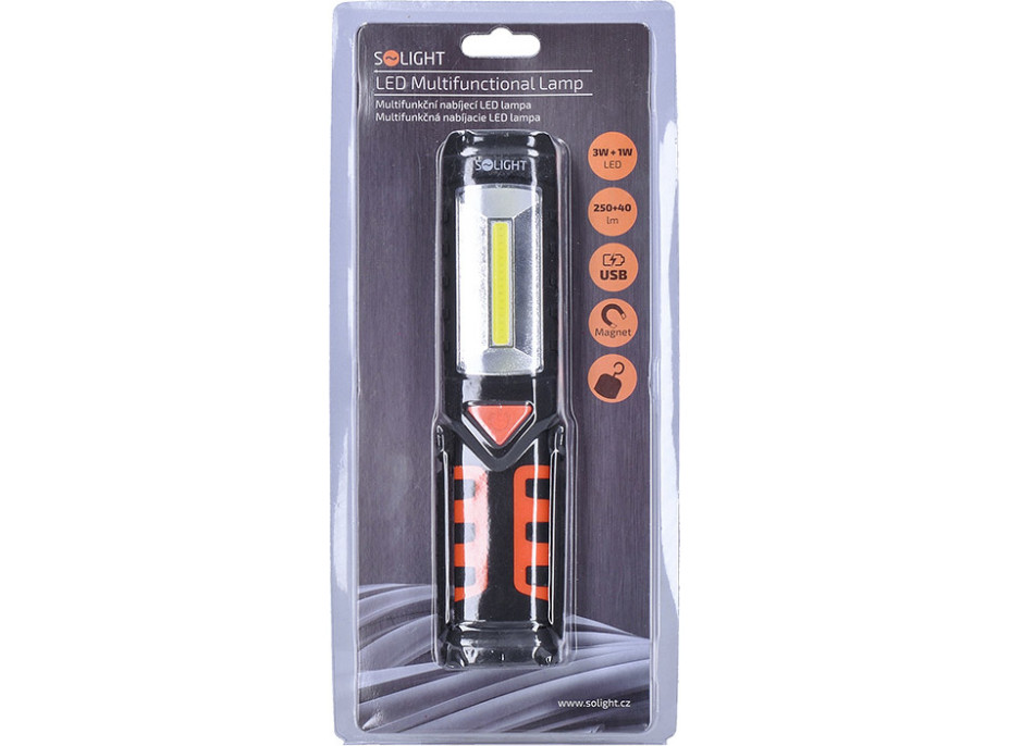 Solight multifunkční nabíjecí LED lampa, 3W COB, 250 + 40lm, Li-Ion, USB, černooranžová