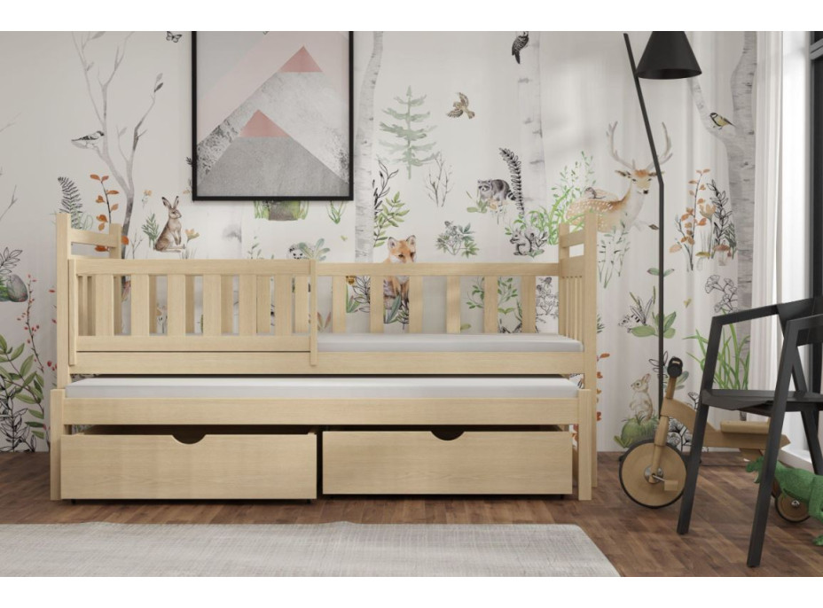 Dětská postel z masivu borovice PROKOP s přistýlkou a šuplíky - 200x80 cm - PŘÍRODNÍ BOROVICE