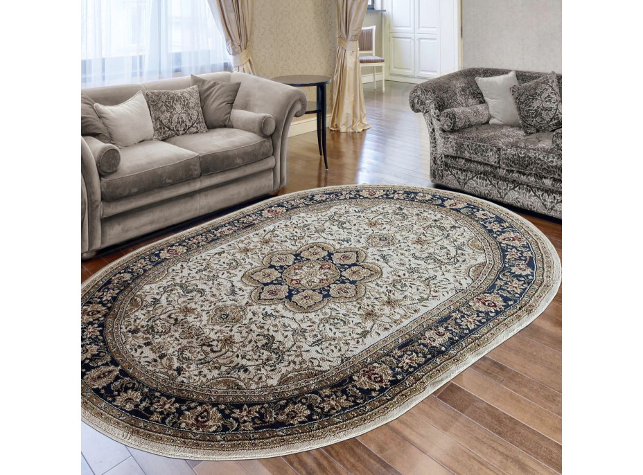 Kusový koberec NOBLE ornament oval - krémový/tmavě modrý