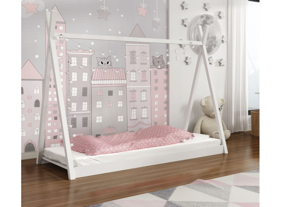 Dětská domečková Montessori týpí postel z masivu borovice OLA - 180x80 cm - BÍLÁ