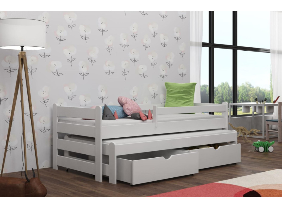 Dětská postel z masivu borovice ALEX s přistýlkou a šuplíky - 180x80 cm - BÍLÁ