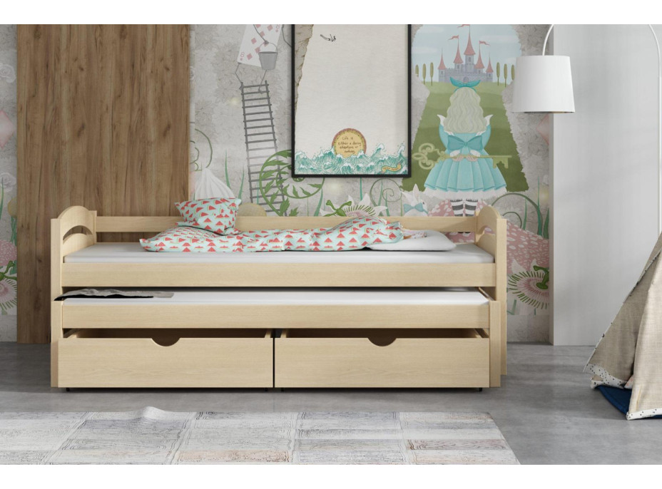 Dětská postel z masivu borovice MONI s přistýlkou a šuplíky - 180x80 cm - PŘÍRODNÍ BOROVICE