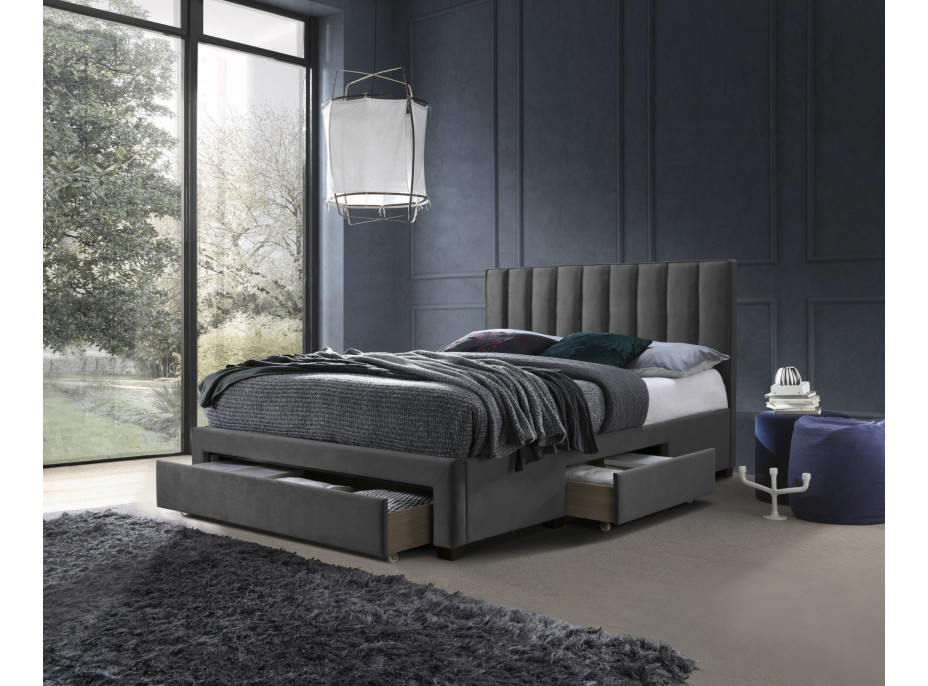 Postel z masivu GORDON 200x160 cm se šuplíky - velvet čalouněná - popelavá šedá