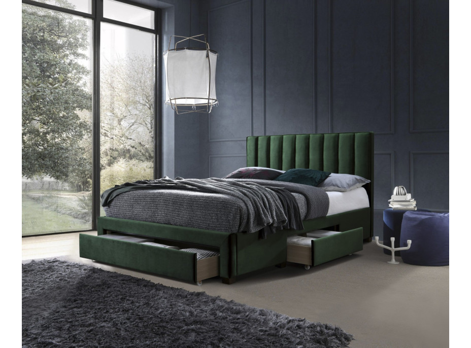 Postel z masivu GORDON 200x160 cm se šuplíky - velvet čalouněná - tmavě zelená