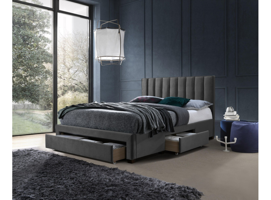 Postel z masivu GORDON 200x140 cm se šuplíky - velvet čalouněná - popelavá šedá