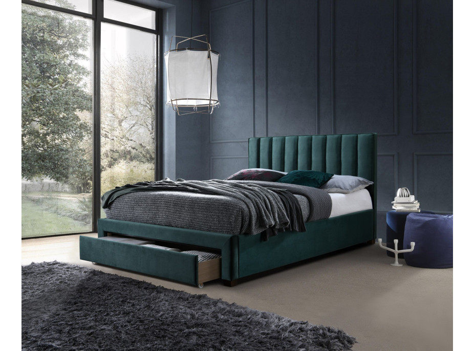 Postel z masivu GORDON 200x140 cm se šuplíky - velvet čalouněná - tmavě zelená