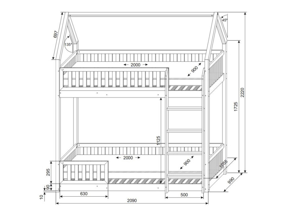 Dětská patrová domečková postel z masivu borovice BIANCO s Montessori lůžkem - 200x90 cm - bez povrchových úprav