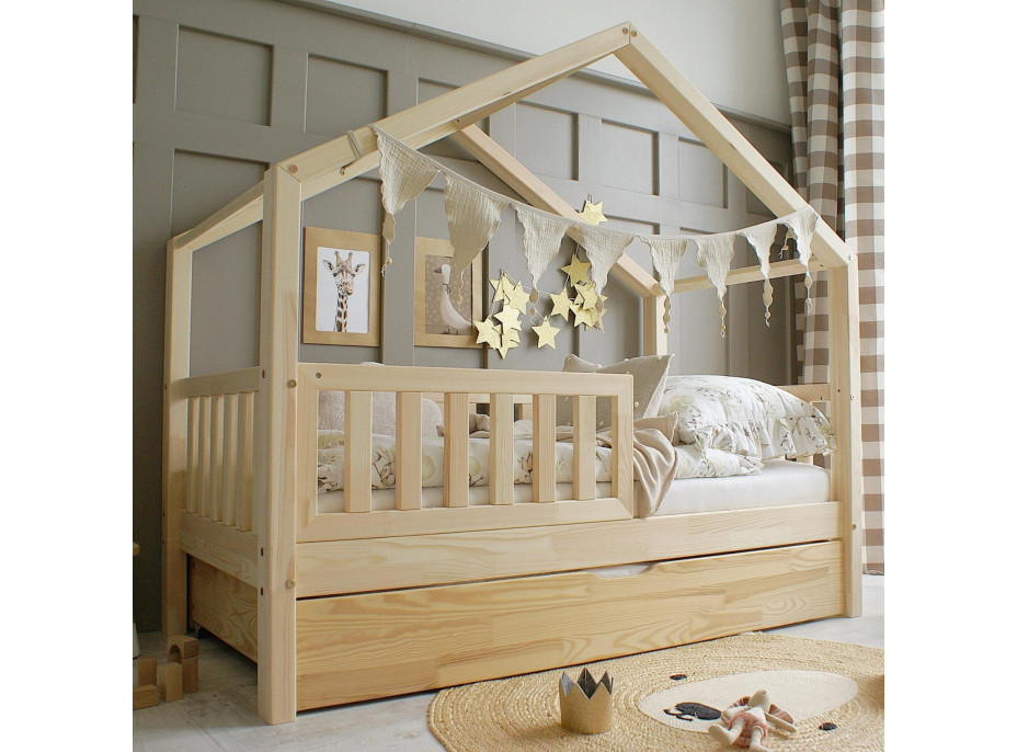 Dětská domečková postel z masivu borovice Bedhouse FENCE (se šuplíkem/s přistýlkou) - 200x90 cm