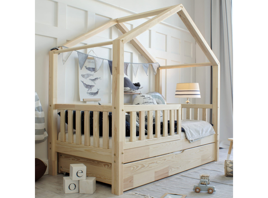 Dětská domečková postel z masivu borovice Bedhouse FENCE (se šuplíkem/s přistýlkou) - 200x90 cm