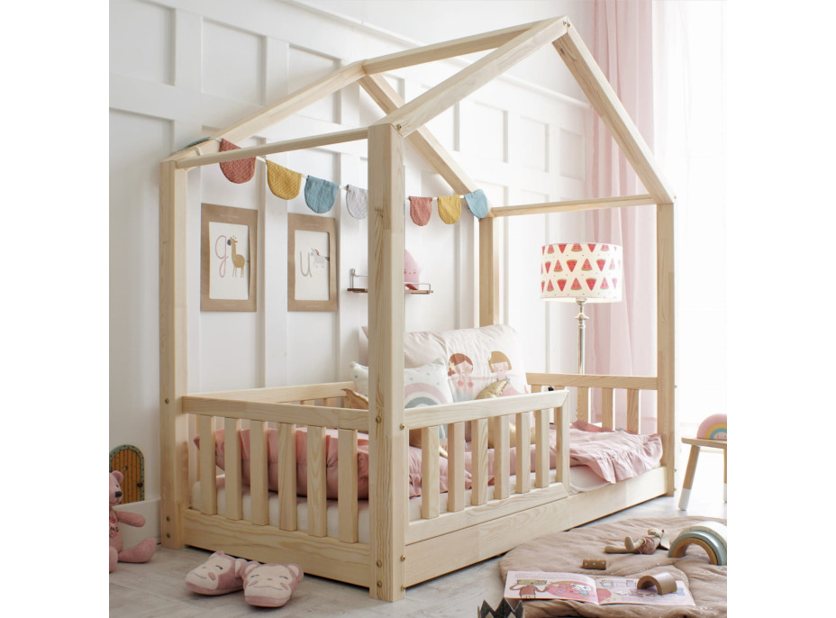 Dětská domečková Montessori postel z masivu borovice Bedhouse FENCE - 180x80 cm