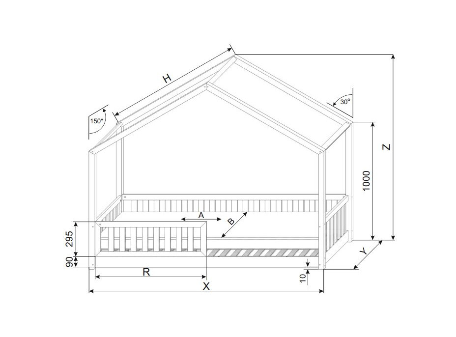 Dětská domečková Montessori postel z masivu borovice Bedhouse FENCE - 180x80 cm